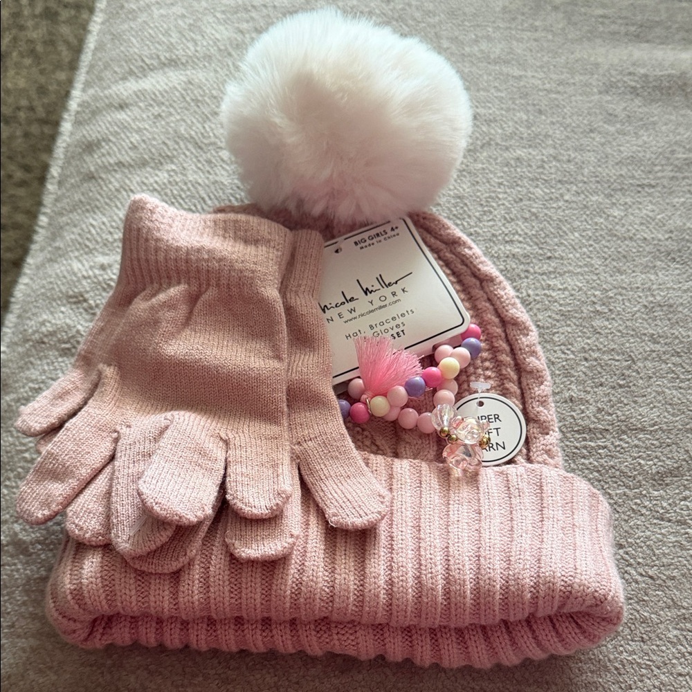 Nicole Miller Blush Pink Beanie and Gloves Set with Pom-Pom